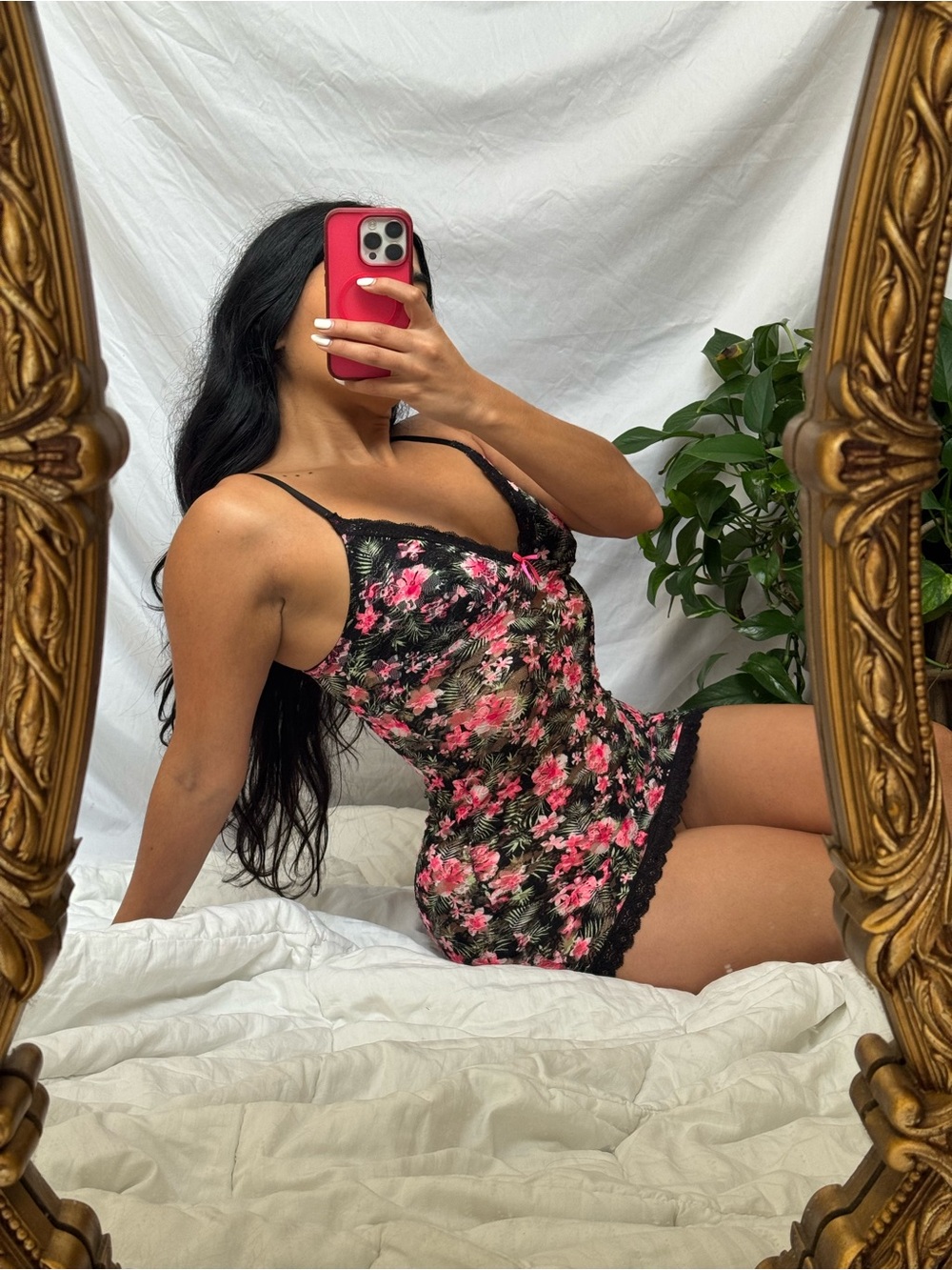 Y2K Floral Lace-Trim Slip Dress - Black with Pink Floral